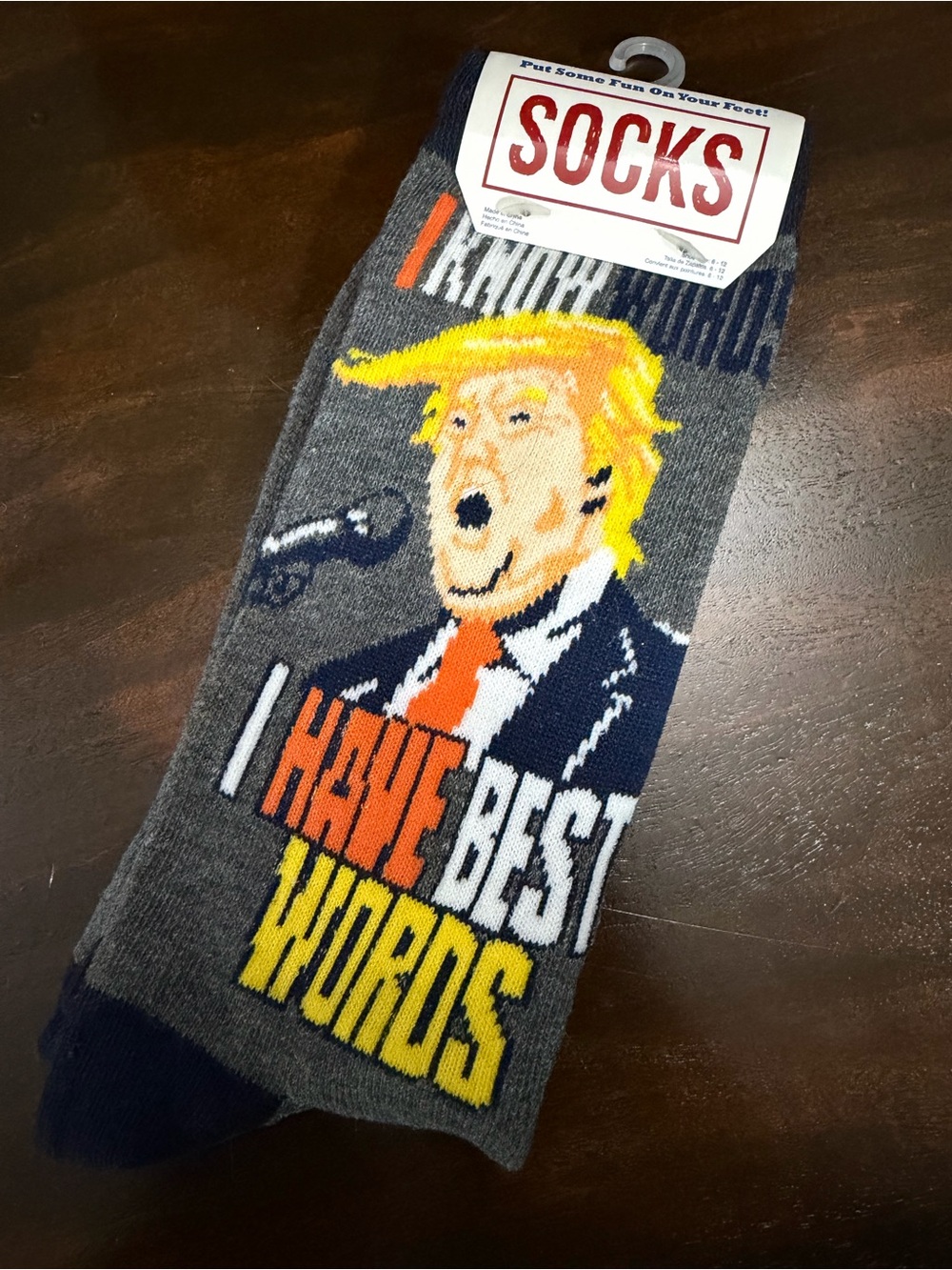 Novelty Gray Crew Socks with Yellow & Orange Graphic